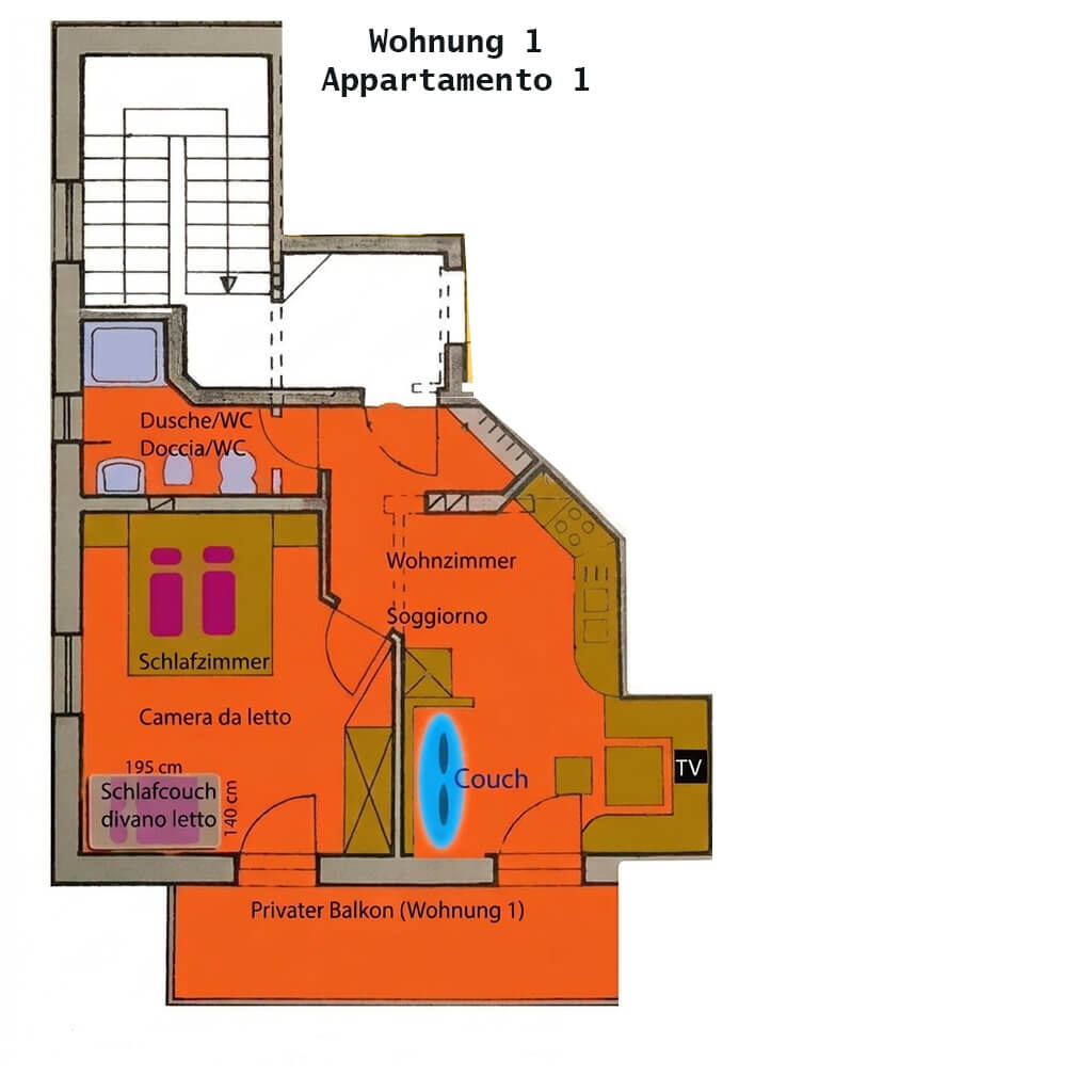 Grundriss der Ferienwohnungen am Paderlafoderhof — Wohnung 1